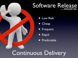 Software Release
• Low Risk
• Cheap
• Frequent
• Rapid
• Predictable
... should be
Continuous Delivery
 