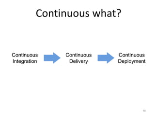 Continuous what?


Continuous     Continuous   Continuous
Integration     Delivery    Deployment




                                     16
 