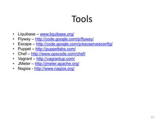 Tools
•   Liquibase – www.liquibase.org/
•   Flyway – http://code.google.com/p/flyway/
•   Escape – http://code.google.com/p/escservesconfig/
•   Puppet – http://puppetlabs.com/
•   Chef – http://www.opscode.com/chef/
•   Vagrant – http://vagrantup.com/
•   JMeter – http://jmeter.apache.org/
•   Nagios - http://www.nagios.org/




                                                         57
 