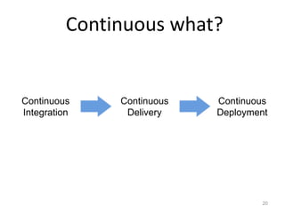Continuous what?


Continuous     Continuous   Continuous
Integration     Delivery    Deployment




                                     20
 