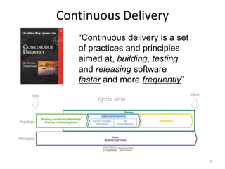 Continuous Delivery
   “Continuous delivery is a set
   of practices and principles
   aimed at, building, testing
   and releasing software
   faster and more frequently”

        cycle time




                                   3
 