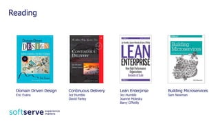 Reading
Domain Driven Design
Eric Evans
Continuous Delivery
Jez Humble
David Farley
Lean Enterprise
Jez Humble
Joanne Molesky
Barry O’Reilly
Building Microservices
Sam Newman
 