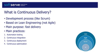 What is Continuous Delivery?
• Development process (like Scrum)
• Based on Lean Engineering (not Agile)
• Main purpose: fast delivery
• Main practices:
1. Automation testing
2. Continuous integration
3. Continuous deployment
4. Continuous optimization
 