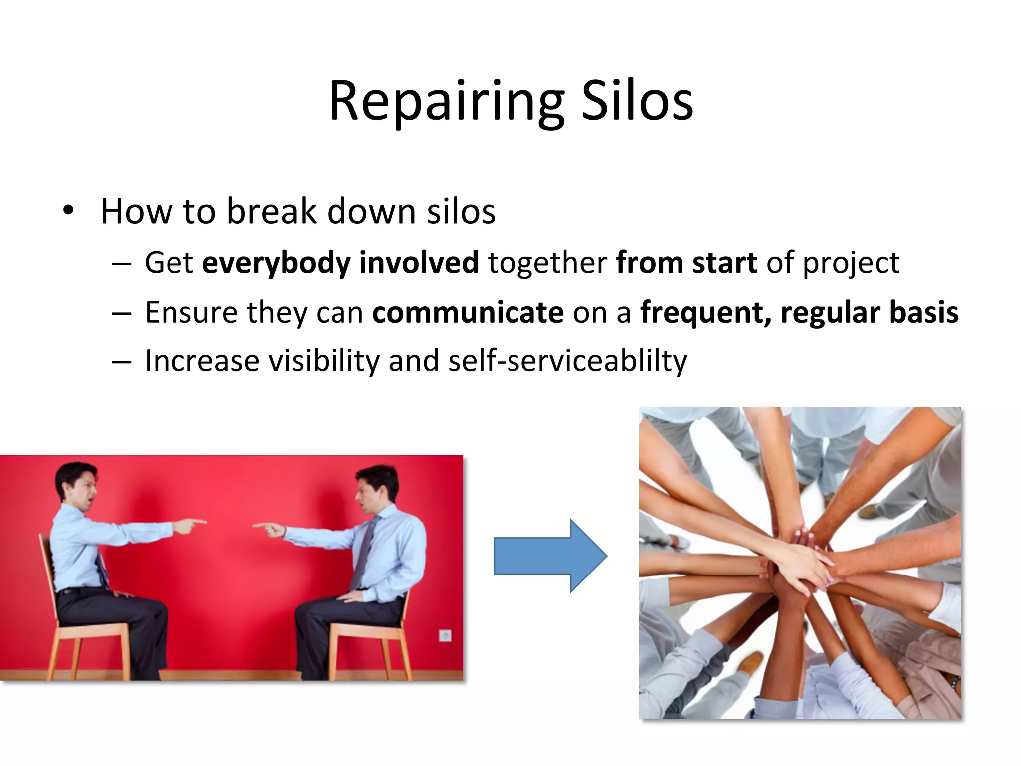 Repairing Silos
• How to break down silos
– Get everybody involved together from start of project
– Ensure they can communicate on a frequent, regular basis
– Increase visibilityand self-serviceability
 