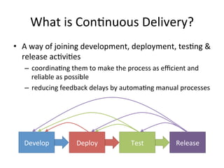 What is Continuous Delivery?
• A way of joining development, deployment, testing &
release activities
– coordinatingthem to make the process as efficient and reliable
as possible
– reducingfeedback delays by automatingmanual processes
Develop Deploy Test Release
 