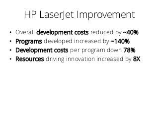 HP LaserJet Improvement
• Overall development costs reduced by ~40%
• Programs developed increased by ~140%
• Development costs per program down 78%
• Resources driving innovation increased by 8X
 