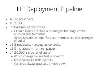 HP Deployment Pipeline
• 400 developers
• 10m LOC
• Individual Git branches
– CI build runs 2hrs then auto-merges for Stage 2 then
auto-merges to master
– (Branches are an imperfect countermeasure due to length
of build)
• L2 Simulators – acceptance tests
• L3 Emulators – not real paper
• L4 20,000hrs parallel tests
– Which change causes test problem?
– Move failing L4 tests up to L1
– Test that always pass at L1 move down
 