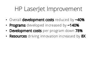 HP LaserJet Improvement
• Overall development costs reduced by ~40%
• Programs developed increased by ~140%
• Development ...