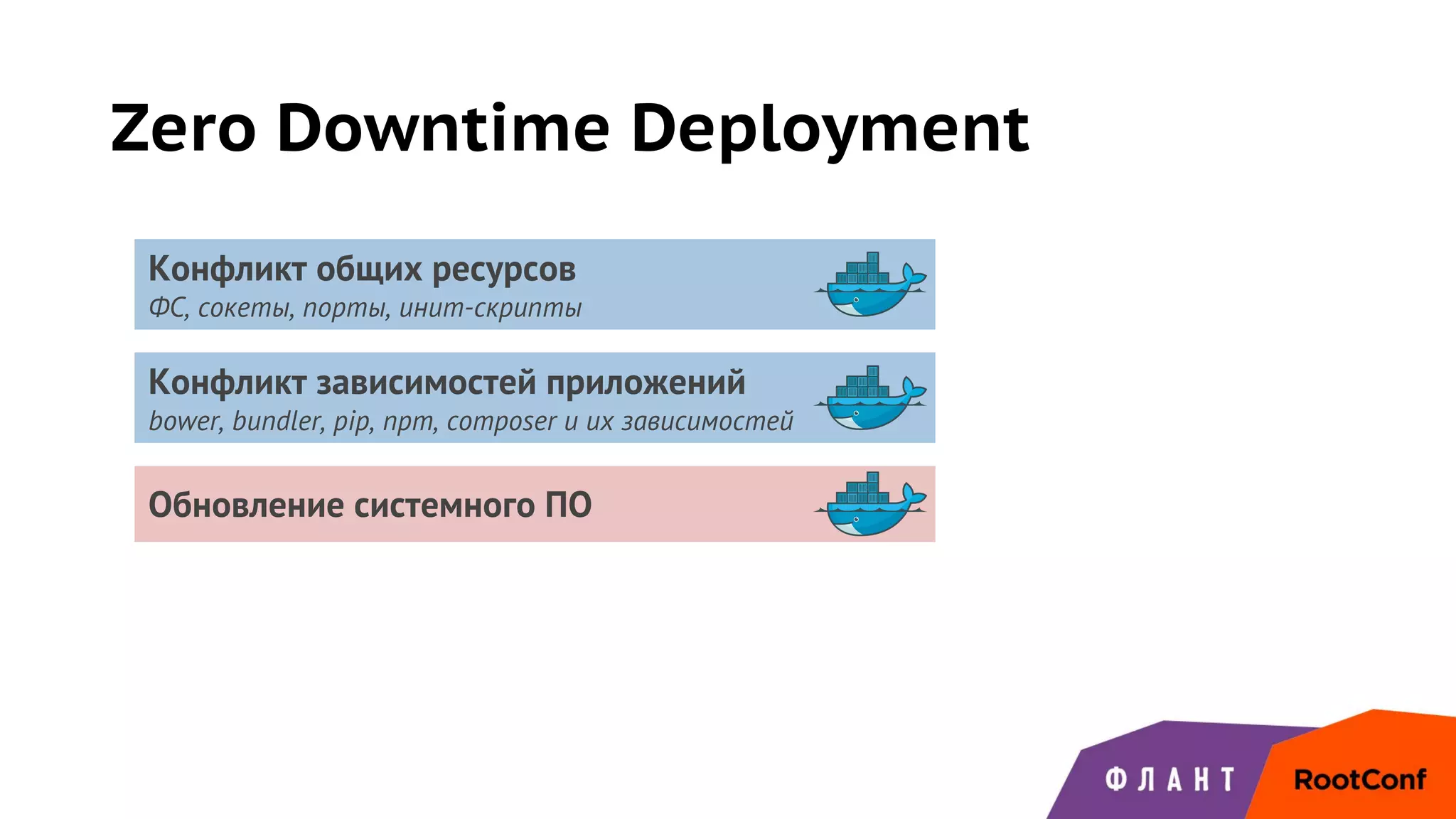 Zero Downtime Deployment
Конфликт общих ресурсов
ФС, сокеты, порты, инит-скрипты
Конфликт зависимостей приложений
bower, bundler, pip, npm, composer и их зависимостей
Обновление системного ПО
 