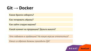 Какие из образов должны проходить QA?
Как найти старую версию?
Git → Docker
Какие бранчи собирать?
Как тегировать образы?
Какой коммит на продакшне? Дельта выката?
Что побывало в продакшне? На какую версию откатиться?
 
