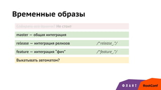Временные образы
master — общая интеграция
release — интеграция релизов /^release_.*/
feature — интеграция “фич” /^feature_.*/
Выкатывать автоматом?
Собирать все бранчи? Не стоит
 