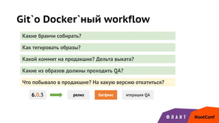 Git`о Docker`ный workflow
Какие бранчи собирать?
Как тегировать образы?
Какой коммит на продакшне? Дельта выката?
Какие из образов должны проходить QA?
Что побывало в продакшне? На какую версию откатиться?
релиз багфикс итерация QA6.0.3
 