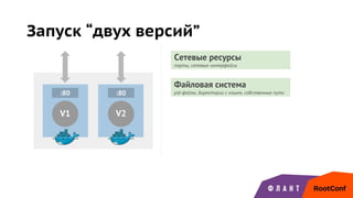 Запуск “двух версий”
V1
:80
V2
:80
Сетевые ресурсы
порты, сетевые интерфейсы
Файловая система
pid-файлы, директории с кэшем, собственные пути
 