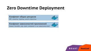 Zero Downtime Deployment
Конфликт общих ресурсов
ФС, сокеты, порты, инит-скрипты
Конфликт зависимостей приложений
bower, bundler, pip, npm, composer и их зависимостей
 