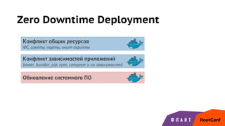 Zero Downtime Deployment
Конфликт общих ресурсов
ФС, сокеты, порты, инит-скрипты
Конфликт зависимостей приложений
bower, bundler, pip, npm, composer и их зависимостей
Обновление системного ПО
 