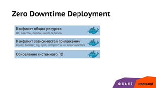 Zero Downtime Deployment
Конфликт общих ресурсов
ФС, сокеты, порты, инит-скрипты
Конфликт зависимостей приложений
bower, bundler, pip, npm, composer и их зависимостей
Обновление системного ПО
 