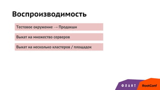 Воспроизводимость
Выкат на несколько кластеров / площадок
Тестовое окружение → Продакшн
Выкат на множество серверов
 