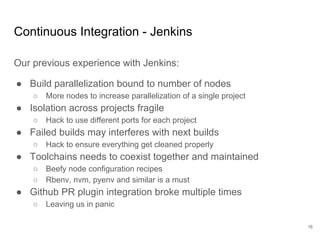Continuous Integration - Jenkins
Our previous experience with Jenkins:
● Build parallelization bound to number of nodes
○ More nodes to increase parallelization of a single project
● Isolation across projects fragile
○ Hack to use different ports for each project
● Failed builds may interferes with next builds
○ Hack to ensure everything get cleaned properly
● Toolchains needs to coexist together and maintained
○ Beefy node configuration recipes
○ Rbenv, nvm, pyenv and similar is a must
● Github PR plugin integration broke multiple times
○ Leaving us in panic
16
 