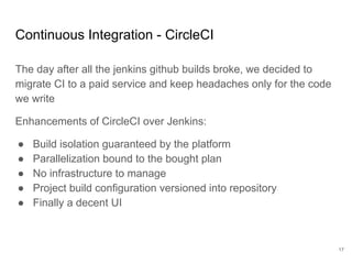 Continuous Integration - CircleCI
The day after all the jenkins github builds broke, we decided to
migrate CI to a paid service and keep headaches only for the code
we write
Enhancements of CircleCI over Jenkins:
● Build isolation guaranteed by the platform
● Parallelization bound to the bought plan
● No infrastructure to manage
● Project build configuration versioned into repository
● Finally a decent UI
17
 