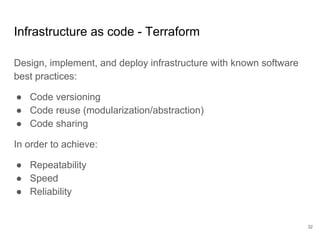 Infrastructure as code - Terraform
Design, implement, and deploy infrastructure with known software
best practices:
● Code versioning
● Code reuse (modularization/abstraction)
● Code sharing
In order to achieve:
● Repeatability
● Speed
● Reliability
32
 
