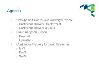 Agenda
•

DevOps and Continuous Delivery: Review
o Continuous Delivery / Deployment
o Continuous Delivery to Cloud

•

Clo...