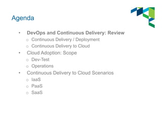 Agenda
•

DevOps and Continuous Delivery: Review
o Continuous Delivery / Deployment
o Continuous Delivery to Cloud

•

Clo...