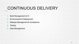 CONTINUOUS DELIVERY 
1. Build Management & CI 
2. Environments & Deployment 
3. Release Management & Compliance 
4. Testing 
5. Data Management 
20 
 