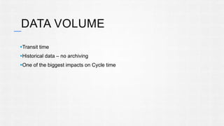 DATA VOLUME 
Transit time 
Historical data – no archiving 
One of the biggest impacts on Cycle time 
 