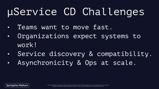 Unless otherwise indicated, these slides are © 2013-2016 Pivotal Software, Inc. and licensed under a Creative
Commons Attribution-NonCommercial license: http://creativecommons.org/licenses/by-nc/3.0/
µService CD Challenges
• Teams want to move fast.
• Organizations expect systems to
work!
• Service discovery & compatibility.
• Asynchronicity & Ops at scale.
 