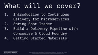 Unless otherwise indicated, these slides are © 2013-2016 Pivotal Software, Inc. and licensed under a Creative
Commons Attribution-NonCommercial license: http://creativecommons.org/licenses/by-nc/3.0/
1. Introduction to Continuous
Delivery for Microservices.
2. Spring Boot Trader.
3. Build a Delivery Pipeline with
Concourse & Cloud Foundry.
4. Getting Started Materials.
What will we cover?
 
