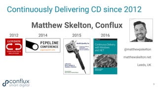 Continuously Delivering CD since 2012
Matthew Skelton, Conflux
@matthewpskelton
matthewskelton.net
Leeds, UK
3
2012 2014 2015 2016
 