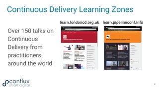 Continuous Delivery Learning Zones
4
learn.londoncd.org.uk learn.pipelineconf.info
Over 150 talks on
Continuous
Delivery from
practitioners
around the world
 