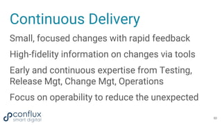 Continuous Delivery
Small, focused changes with rapid feedback
High-fidelity information on changes via tools
Early and continuous expertise from Testing,
Release Mgt, Change Mgt, Operations
Focus on operability to reduce the unexpected
50
 
