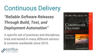 Continuous Delivery
“Reliable Software Releases
Through Build, Test, and
Deployment Automation”
A specific set of practices and disciplines,
tried and tested in many different sectors
& contexts worldwide since 2010.
 