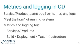 Metrics and logging in CD
Service/Product teams see live metrics and logs
“Feel the hum” of running systems
Metrics and lo...