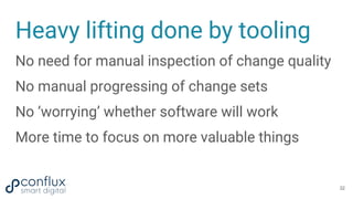 Heavy lifting done by tooling
No need for manual inspection of change quality
No manual progressing of change sets
No ‘wor...