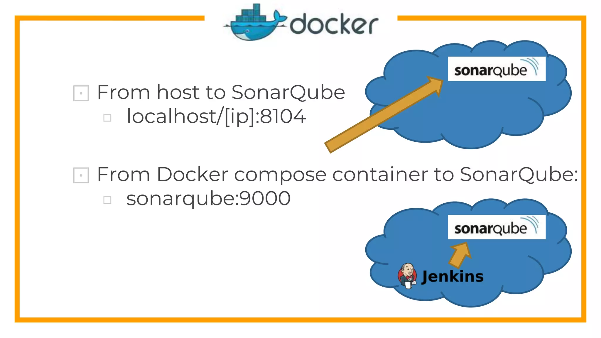 ⊡ From host to SonarQube
□ localhost/[ip]:8104
⊡ From Docker compose container to SonarQube:
□ sonarqube:9000
 