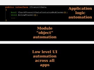 Low level UI
automation
across all
apps
Module
“object”
automation
Application
logic
automation
 