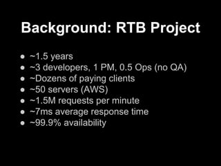 Background: RTB Project
● ~1.5 years
● ~3 developers, 1 PM, 0.5 Ops (no QA)
● ~Dozens of paying clients
● ~50 servers (AWS)
● ~1.5M requests per minute
● ~7ms average response time
● ~99.9% availability
 