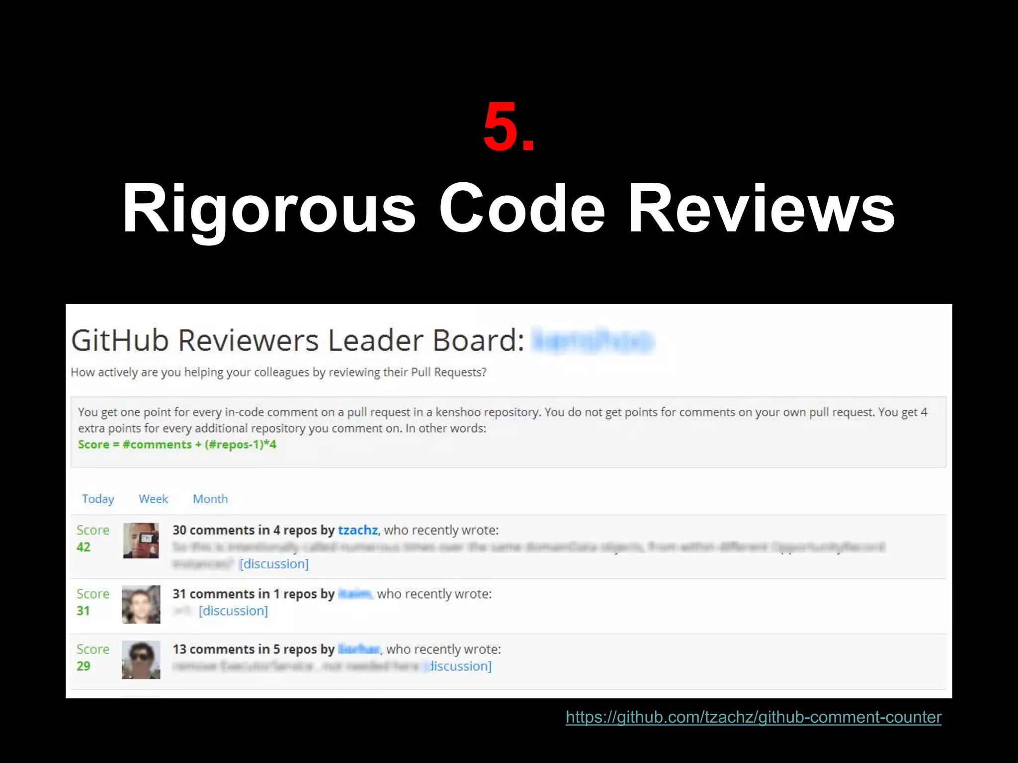5.
Rigorous Code Reviews
https://github.com/tzachz/github-comment-counter
 