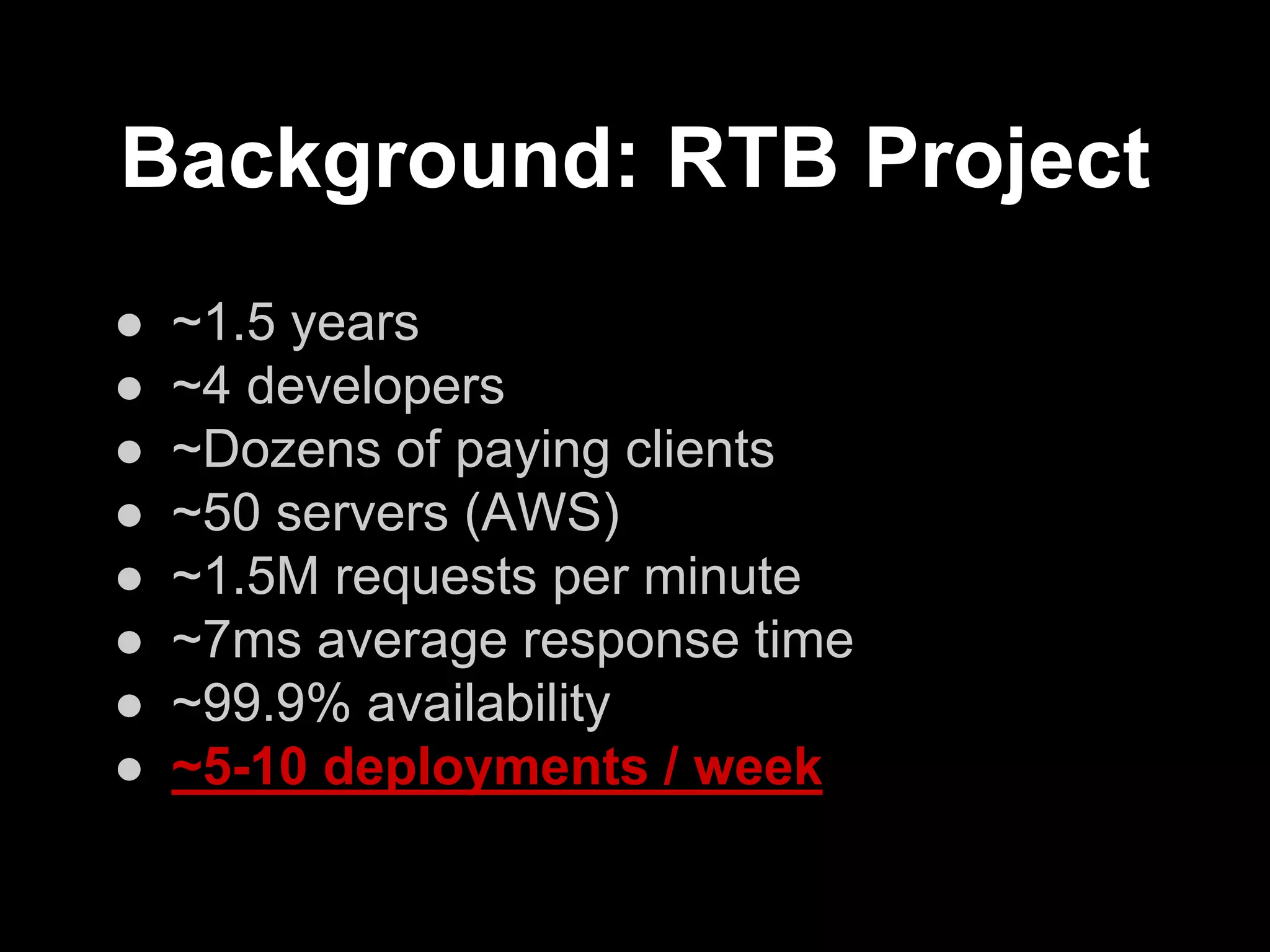 Background: RTB Project
● ~1.5 years
● ~4 developers
● ~Dozens of paying clients
● ~50 servers (AWS)
● ~1.5M requests per minute
● ~7ms average response time
● ~99.9% availability
● ~5-10 deployments / week
 