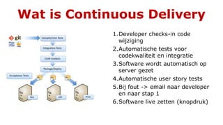 Wat is Continuous Delivery
1.Developer checks-in code
wijziging
2.Automatische tests voor
codekwaliteit en integratie
3.Software wordt automatisch op
server gezet
4.Automatische user story tests
5.Bij fout -> email naar developer
en naar stap 1
6.Software live zetten (knopdruk)
 