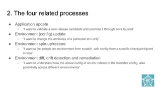 2. The four related processes
● Application update
○ “I want to validate a new release candidate and promote it through envs to prod”
● Environment (config) update
○ “I want to change the attributes of a particular env only”
● Environment spin-up/restore
○ “I want to (re-)create an environment from scratch, with config from a specific checkpoint/point
in time”
● Environment diff, drift detection and remediation
○ “I want to understand how the actual config of an env relates to the intended config, also
potentially across different environments”
 
