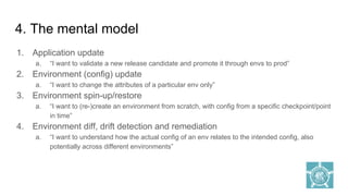 4. The mental model
1. Application update
a. “I want to validate a new release candidate and promote it through envs to prod”
2. Environment (config) update
a. “I want to change the attributes of a particular env only”
3. Environment spin-up/restore
a. “I want to (re-)create an environment from scratch, with config from a specific checkpoint/point
in time”
4. Environment diff, drift detection and remediation
a. “I want to understand how the actual config of an env relates to the intended config, also
potentially across different environments”
 