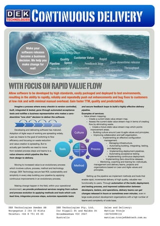 WITHFOCUSONRAPIDVALUEFLOW
Allow software to be developed by high standards, easily packaged and deployed to test environments,
resulting in the ability to rapidly, reliably and repeatedly push out enhancements and bug ﬁxes to customers
at low risk and with minimal manual overhead. Gain faster TTM, quality and predictability.
Imagine a process where every checkin is version controlled,
built, integrated & tested, gone through automated acceptance
tests and notiﬁes a business representative who makes a zero-
downtime ”one click” decision to deliver the software.
Developing and delivering software has matured.
Adoption of Agile ways of working are spreading widely.
Lean as means to the goal of switching to ﬂow
eﬃciency and focusing on waste reduction
and value creation is spreading. But to
actually gain beneﬁts we need to move
from isolated process steps and teams to a
value streams which pipeline the ﬂow
from design to delivery.
Moving to increased value is an evolutionary process
which involves culture, process, method and technology
change. DEK Technology secure fast ROI, sustainability and
simplicity in every step building your pipeline by applying
continuous improvements in an evolutionary process.
Making change happen in the ﬁeld, within your operational
environment, we provide professional services ranging from culture
and process evolution to applying methods and tools which cuts
lead time, integrates process steps, automize repeatable tasks
and secure feedback loops to build a highly eﬀective delivery
pipeline.
Examples of services:
• Value stream mapping;
• Create a current state value stream map.
• Assess the current state value stream map in terms of creating
ﬂow by eliminating waste.
• Create a future state value stream map which points
improvement areas.
• Building culture around Lean & agile values and principles.
• Improving collaboration and self-organization.
• Implementing an eﬀective conﬁguration
management.
• Managing infrastructure.
• Automating building, integrating, testing,
and deploying.
• Implementing deployment pipelines.
• Automating acceptance testing
• Implementing continuous deployment.
• Implementing Zero-downtime releases.
• Mentoring, coaching and training for; individuals,
management and delivery teams, projects and
organizations based on Lean and Agile values and
principles.
Setting up the pipeline we implement methods and tools that
enable rapid, incremental delivery of high quality, valuable new
functionality to users. Through automation of the build, deployment,
and testing process, and improved collaboration between
developers, testers, and operations, delivery teams can get
changes released in hours or sometimes even minutes, even in
large scale product development organizations with a high number of
teams and complexity of code base.
Make your
software releases
become a business
decision. We help you
make change for
real!
Continuousdelivery
Continuos Integration
Time-to-market Incremental
Feedback loop
Jenkins
GIT
Customer Value Rapid
Build
Collaboration
Value stream
Waste reduction
Zero-downtime release
Throughput
DEK Technologies Sweden AB
Norgegatan 2 164 32 Kista
Telefon: +46 8 751 65 00
DEK Technologies Pty. Ltd.
Cnr Riggall St and Maldon St
Broadmeadows VIC 3047
Australia
Sales and Delivery:
Mattias Tronje
+46760088114
mattias.tronje@dektech.com.au
Pipeline
Quality
Speed
Lean
 