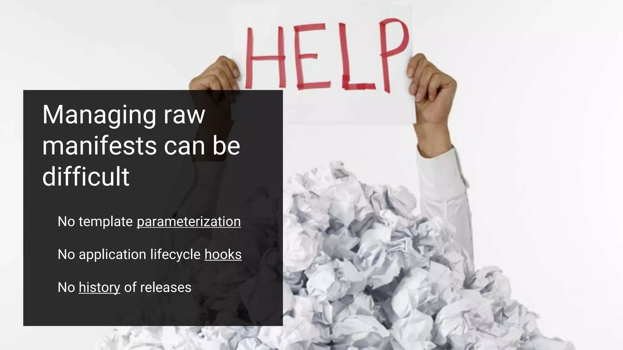 Managing raw
manifests can be
difficult
No template parameterization
No application lifecycle hooks
No history of releases
 