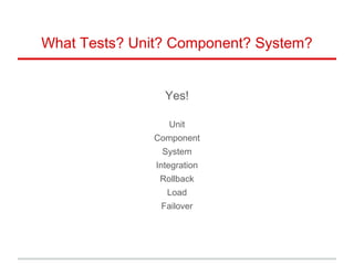 What Tests? Unit? Component? System?
Yes!
Unit
Component
System
Integration
Rollback
Load
Failover
 