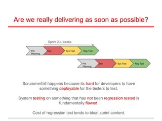 Are we really delivering as soon as possible?
Pre
Planning
Dev Sys Test Reg Test
Pre
Planning
Dev Sys Test Reg Test
Scrummerfall happens because its hard for developers to have
something deployable for the testers to test.
System testing on something that has not been regression tested is
fundamentally flawed.
Cost of regression test tends to bloat sprint content.
Sprint 2-4 weeks
 