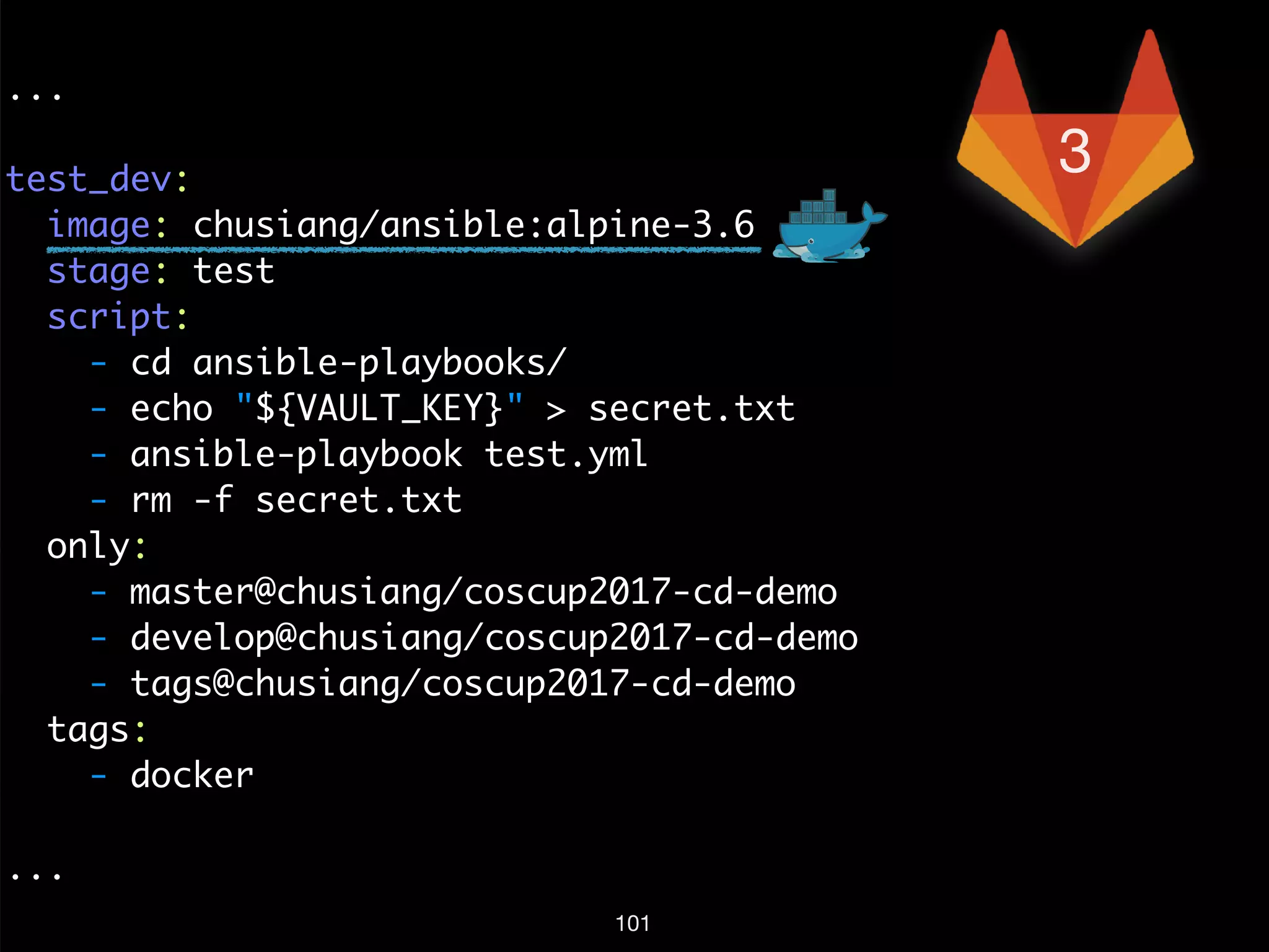 ...
test_dev:
image: chusiang/ansible:alpine-3.6
stage: test
script:
- cd ansible-playbooks/
- echo "${VAULT_KEY}" > secret.txt
- ansible-playbook test.yml
- rm -f secret.txt
only:
- master@chusiang/coscup2017-cd-demo
- develop@chusiang/coscup2017-cd-demo
- tags@chusiang/coscup2017-cd-demo
tags:
- docker
...
101
3
 