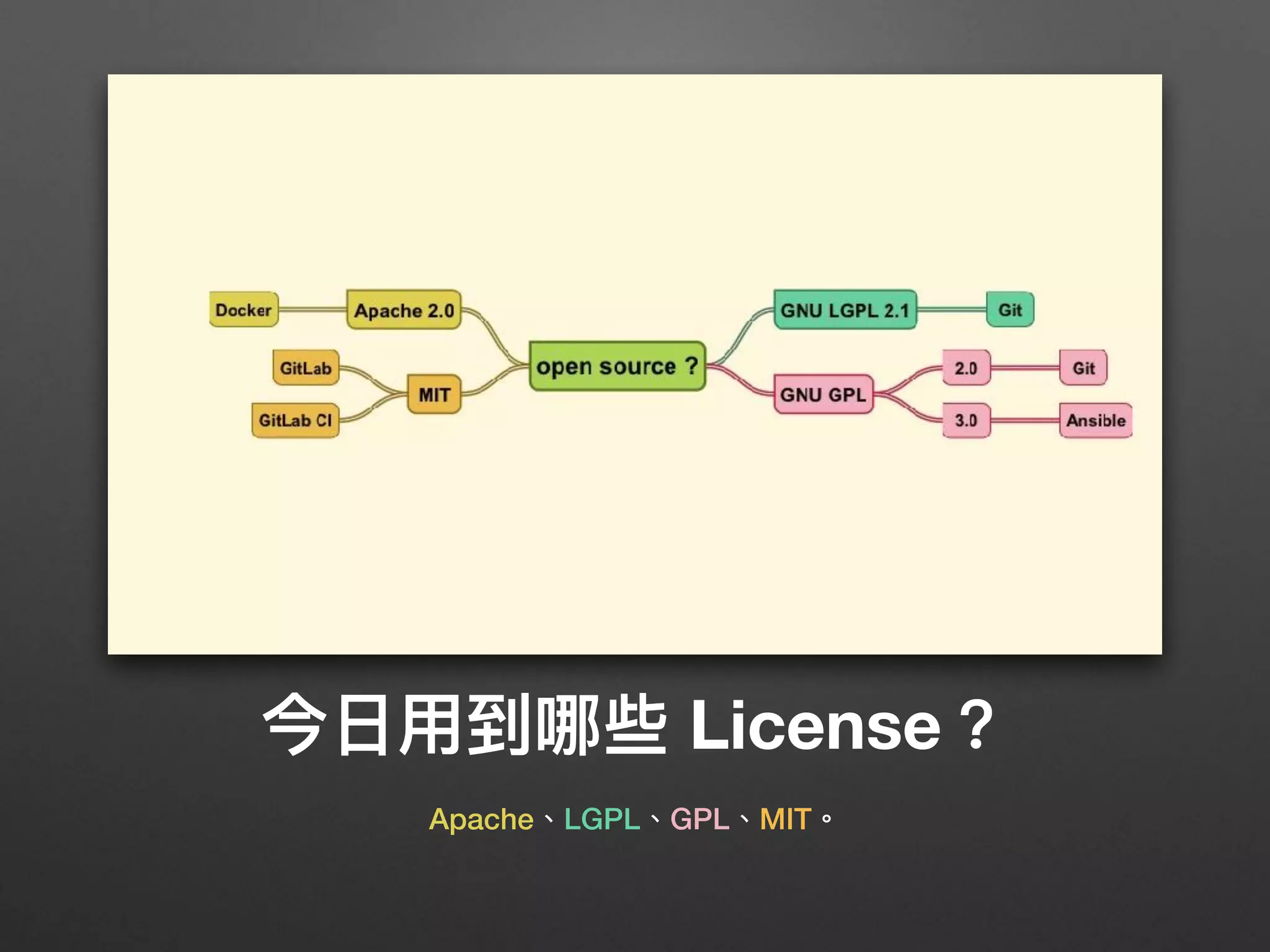 今⽇日⽤用到哪些 License？
Apache、LGPL、GPL、MIT。
 